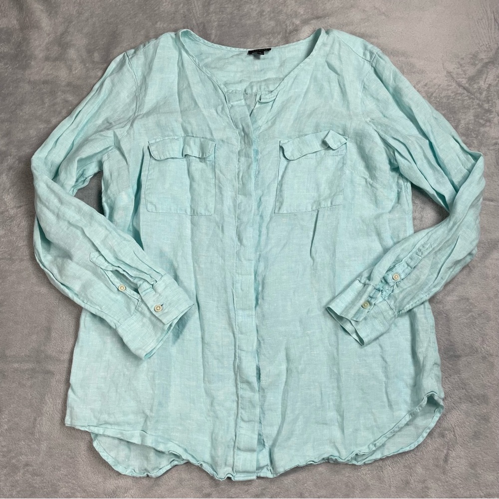 Talbots Linen Shirt Large Roll Tab Long Sleeve Button Up Pale Aqua Lagenlook